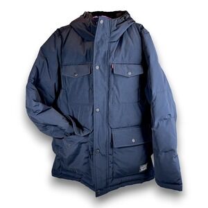 Levi's Men's Arctic Cloth Quilted Four Pocket Hooded Parka Jacket Navy Blue Sz M